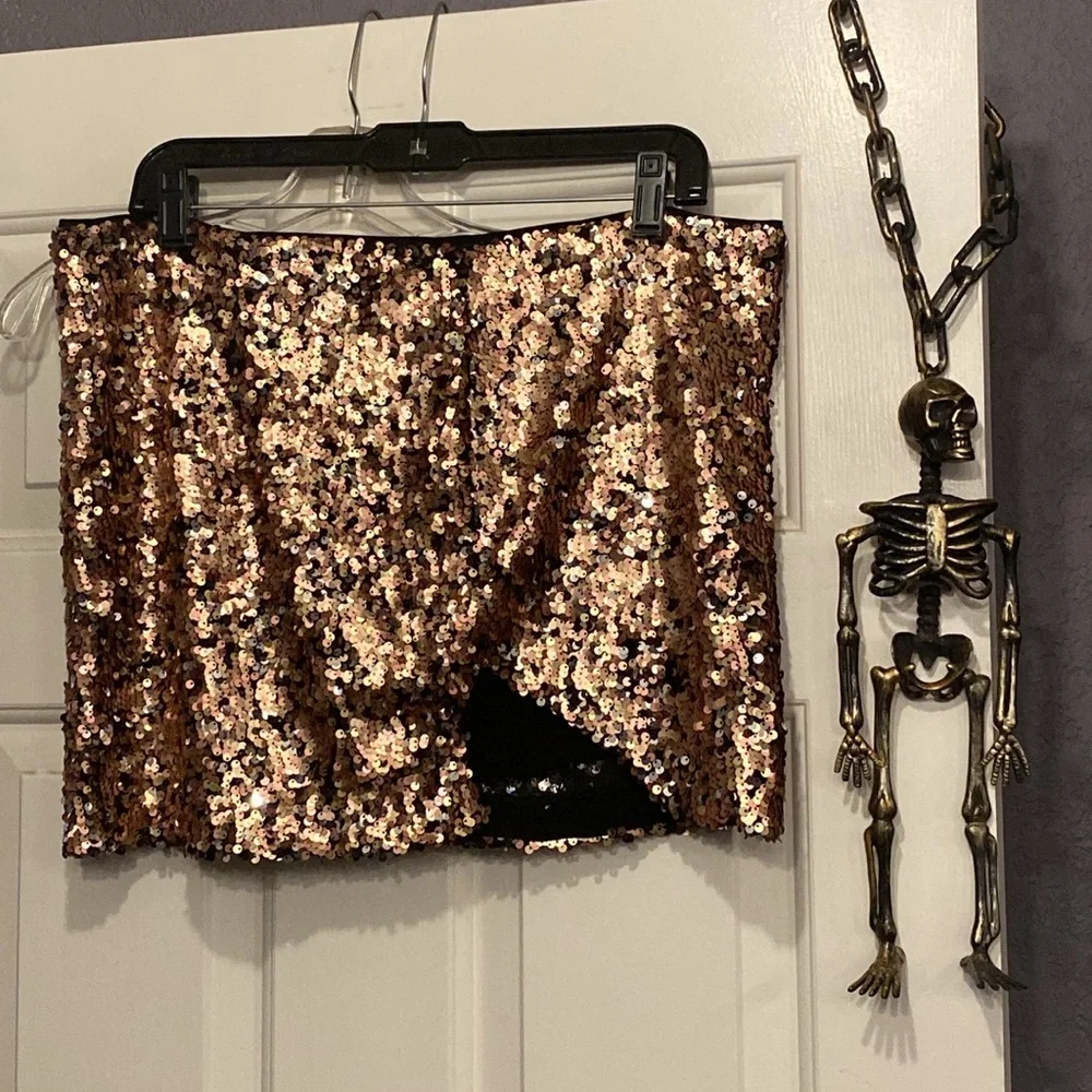 FREE PEOPLE - NWT - skirt: bronze lined sequined w front slit & rear zipper - 12 - Picture 5 of 16